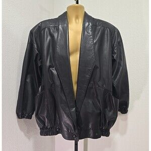 Vtg 90s Leather Black Baggy Oversized Collared Bomber Blazer Jacket Large Retro